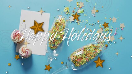 Poster - animation of happy holidays text over christmas decorations background