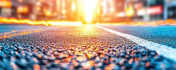 Poster - Urban road with blurred cityscape at sunset, creating a vibrant atmosphere.