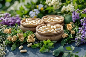 Herbal Supplements in Wooden Bowls Surrounded by Colorful Flowers and Fresh Herbs