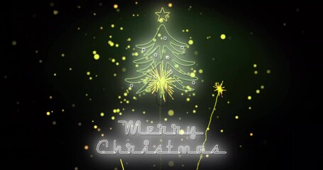 Poster - animation of merry christmas text and fireworks on black background