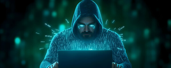 Poster - A mysterious figure in a hoodie, illuminated by blue light, intensely focused on a laptop screen amidst a digital background.