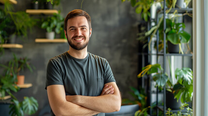 Poster - portrait of a happy software engineer standing in modern eco friendly office decorated with plants