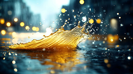 Poster - A beautiful splash of water reflecting golden light in a rainy urban setting, creating a magical and serene atmosphere.