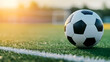 A close-up of a soccer ball on a vibrant green soccer field, illuminated by warm sunlight during a beautiful evening.