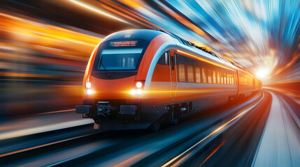 Poster - Dynamic motion blur train speeding down tracks with vibrant colors and light trails.