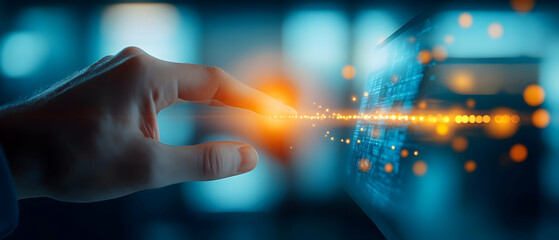 Poster - A hand interacting with digital elements, representing innovation and technology in a futuristic setting.
