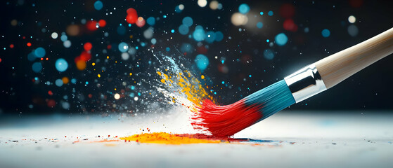Wall Mural - colorful paint splash created by a brush on a textured surface with vibrant bokeh background.