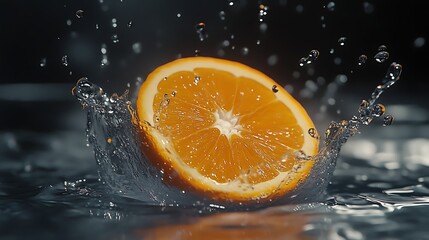 Orange slices are splashing in water.