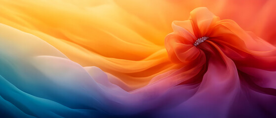 Poster - Vibrant abstract fabric swirl showcasing a gradient of colors from orange to blue, creating a mesmerizing visual flow.