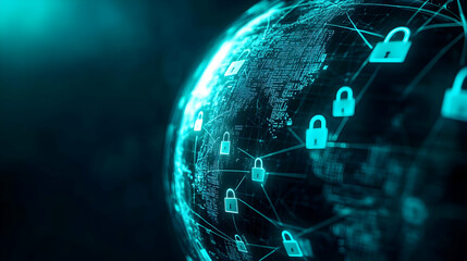 Poster - Abstract representation of digital security with interconnected locks and a globe, illustrating global cybersecurity concepts.