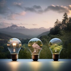 Group of light bulbs against a mountain landscape