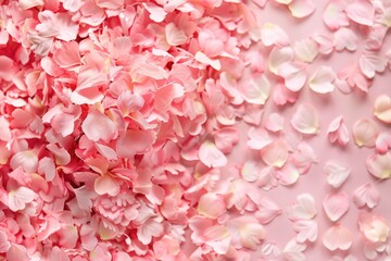 Pink heart with scattered petals floating in the air. Valentines Day concept for romantic design. Close up of paper or confetti in heart shape falling. Motion shot concept. Greeting card. Love. AIG51.