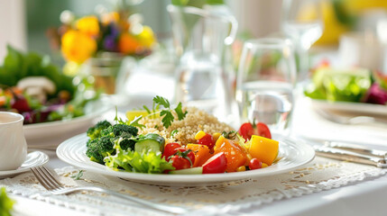 Glass of water with plate of organic quinoa salad, fresh vegetables with clean, white table setting. Healthy, mindful vegetarian vegan eating for dinner concept