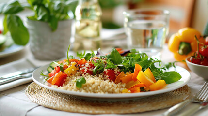 Clean, white table setting with a plate of organic quinoa salad, fresh vegetables, and a glass of water. Healthy, mindful vegetarian vegan eating for dinner concept