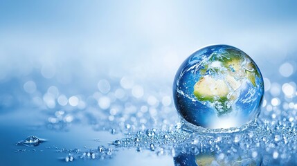 world environment day concept featuring the earth encapsulated in a single water droplet on a blue b