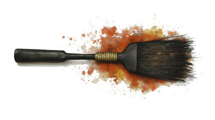 Sticker - A brush with a black handle and a brown handle. The brush is in a painting of a messy room with splatters of paint