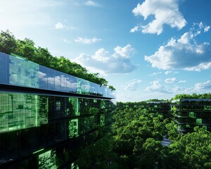 A hightech innovation hub with open green spaces, smart architecture, and holographic company logos displayed on the glass facade