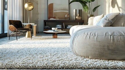 Living room interior with fluffy carpet and stylish furniture