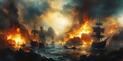 Canvas Print - Ships burning in a fiery sea battle.