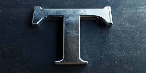 Shiny metal letter T on dark background.