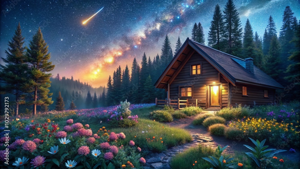 Cozy Cabin in the Woods at Night Under a Starry Sky with Colorful ...