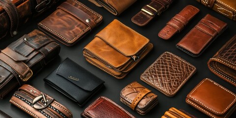 Assortment of leather goods on black background.