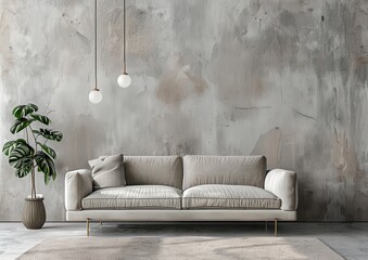 Minimalist living room interior with a light grey sofa and a textured concrete wall. The space is decorated with a potted plant and two pendant lamps