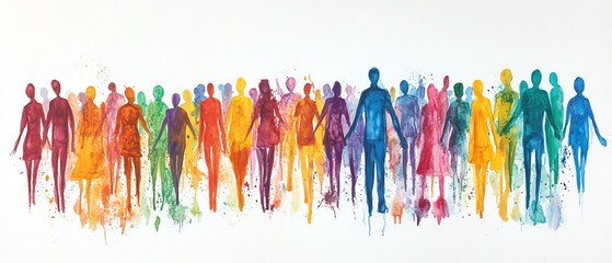 Poster - Dynamic diverse crowd of colorful stick figures, illustrating unity and inclusion in a cohesive design on a clean white background