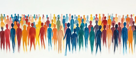 Poster - Dynamic diverse crowd of colorful stick figures, illustrating unity and inclusion in a cohesive design on a clean white background