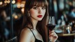 © Koko Art Studio - Woman with red wine, Beautiful girl drinking a glass of wine, young fashion model enjoy romantic evening party, tasting of alcoholic beverage, modern luxury restaurant bar interior in background.