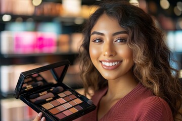 Radiant woman holding a high-end makeup set in a chic retail environment, vibrant solid background, emphasizing beauty and sophistication