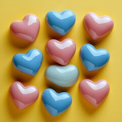 Colorful heart-shaped candies on vibrant yellow.