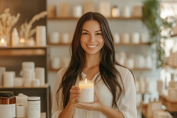 Radiant woman presenting a luxury candle collection in a chic boutique, clean solid background, emphasizing relaxation and quality