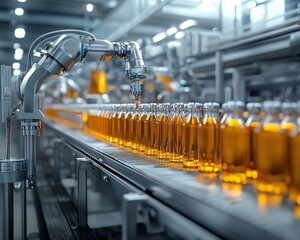 Aufkleber - Futuristic automated beverage production with a hightech bottling line, featuring stainless steel machinery and precise robotic arms, exemplifying industrial efficiency