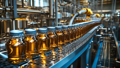 Aufkleber - Gleaming stainless steel machinery in an automated beverage production line, showcasing precise robotic arms and high industrial efficiency in action