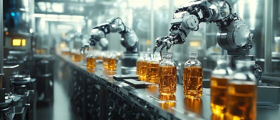 Aufkleber - Industrial efficiency in beverage production highlighted by a hightech bottling line, featuring stainless steel machinery and precise robotic arms in operation