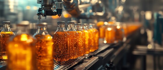 Aufkleber - Automated beverage production featuring a hightech bottling line with gleaming stainless steel machinery and precise robotic arms, showcasing industrial efficiency