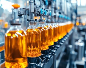 Poster - Closeup of an automated beverage production line, featuring advanced stainless steel machinery and precise robotic arms, illustrating high efficiency in industrial processes
