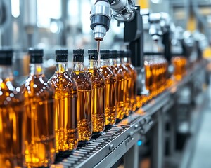 Aufkleber - Closeup of an automated beverage production line, featuring advanced stainless steel machinery and precise robotic arms, illustrating high efficiency in industrial processes