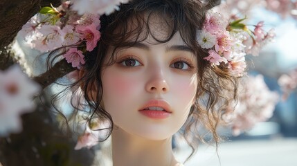 Sticker - A young girl with curly hair sits beneath a cherry tree, her floral crown complementing her serene beauty in full bloom.