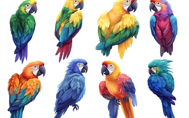 A set of colorful tropical parrots illustrated in a detailed cartoon style, showcasing vibrant feathers and beaks against a clean white background