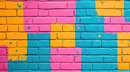 Colorful brick wall with vibrant pink, yellow, and blue abstract patterns.