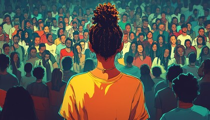 Poster - Cartoon back view of an animated leader guiding a diverse crowd of men and women, standing in unity