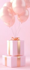 A stack of pink boxes with a gold ribbon on top. The boxes are decorated with pink balloons and ribbons. Concept of celebration and joy, as if someone is about to open a special gift