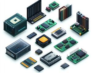 Poster - Isometric view of a modern set of processors, featuring microchips, capacitors, semiconductors, and motherboard components displayed on a white background