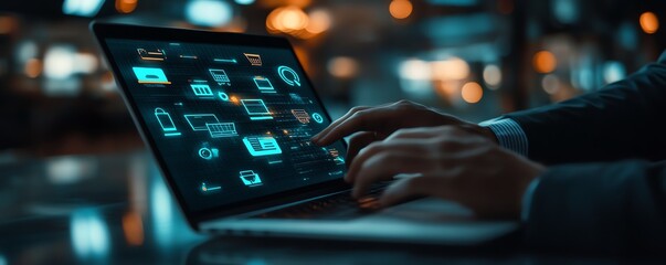 Poster - Professional businessman interacting with a laptop, virtual screen filled with digital shopping icons, exploring online retail services