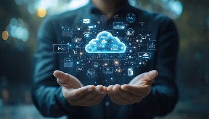 Fototapete - A professional businessman showcasing cloud computing infographics and technology icons in a stockgenerated concept of tech innovation
