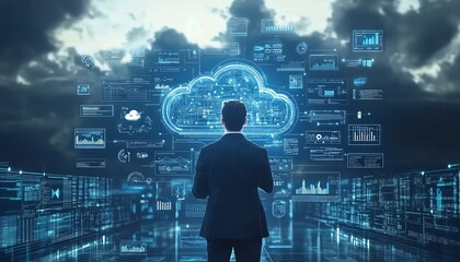 Fototapete - A professional businessman showcasing cloud computing infographics and technology icons in a stockgenerated concept of tech innovation