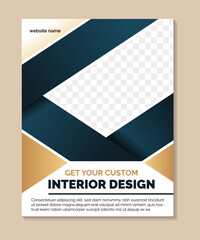 Poster - Flyer Post and Cover template for custom interior design real estate, vertical layout banner template with diagonal space fot photo. luxury style with combination gold and blue gradient on elements.