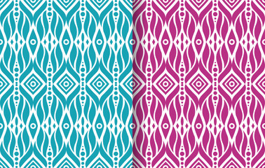 Poster - Monochrome vector geometric seamless pattern with rounded grid, mesh, lattice, circles, squares, repeat tiles, curve shapes. Simple abstract blue and pink on white background. Minimal ornament texture